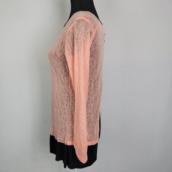 J Mode Orange Black Knit Top Round Neck 3/4 Sleeve Button Back Burnout Stretch S - Picture 3 of 9